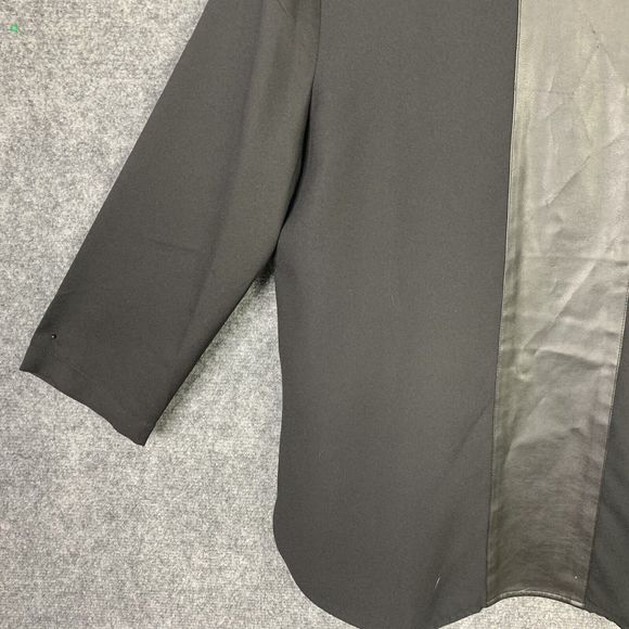 Ann Taylor Black Top 3/4 Sleeve Front Leather Panel Women M Keyhole & Tie Back - Picture 4 of 10